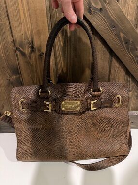 Michael Kors Brown Textured Python-Print Satchel with Gold Hardware